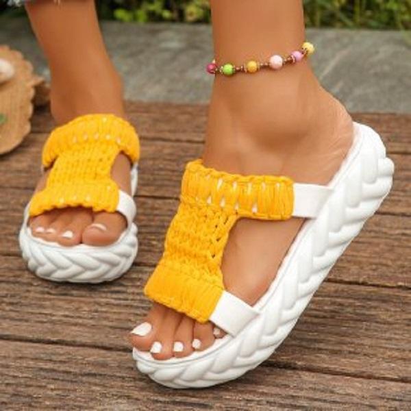 Large Thick Soled Lightweight Woven Slippers for Women's Casual Yarn Round Headed Roman Sandals