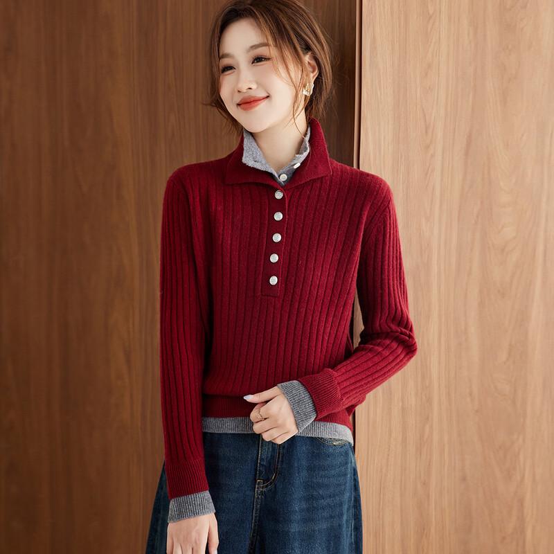 Women's 100% Wool Faux Two-Piece Ribbed Sweater