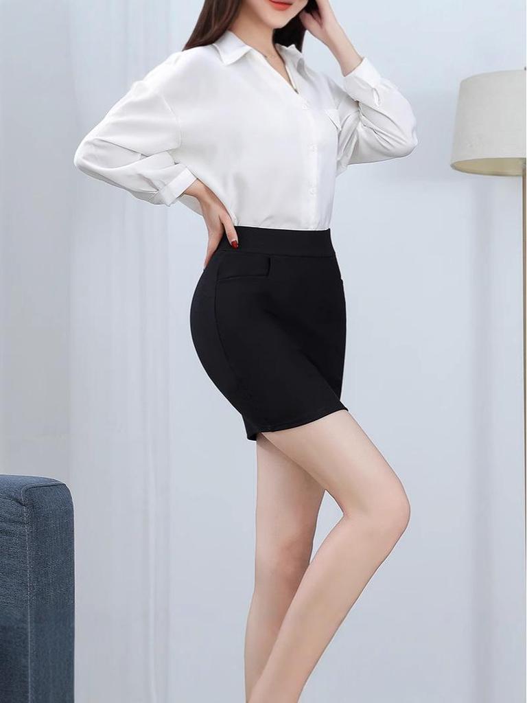 High-Waist Professional Black Bodycon Skirt with Pockets - Spring/Autumn Slimming Workwear