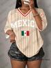 Summer New Stripe Mexico Flag Print T-Shirt For Women V-Neck Short Sleeve Sports Tees Football Jersey Y2K Loose Oversized Tops