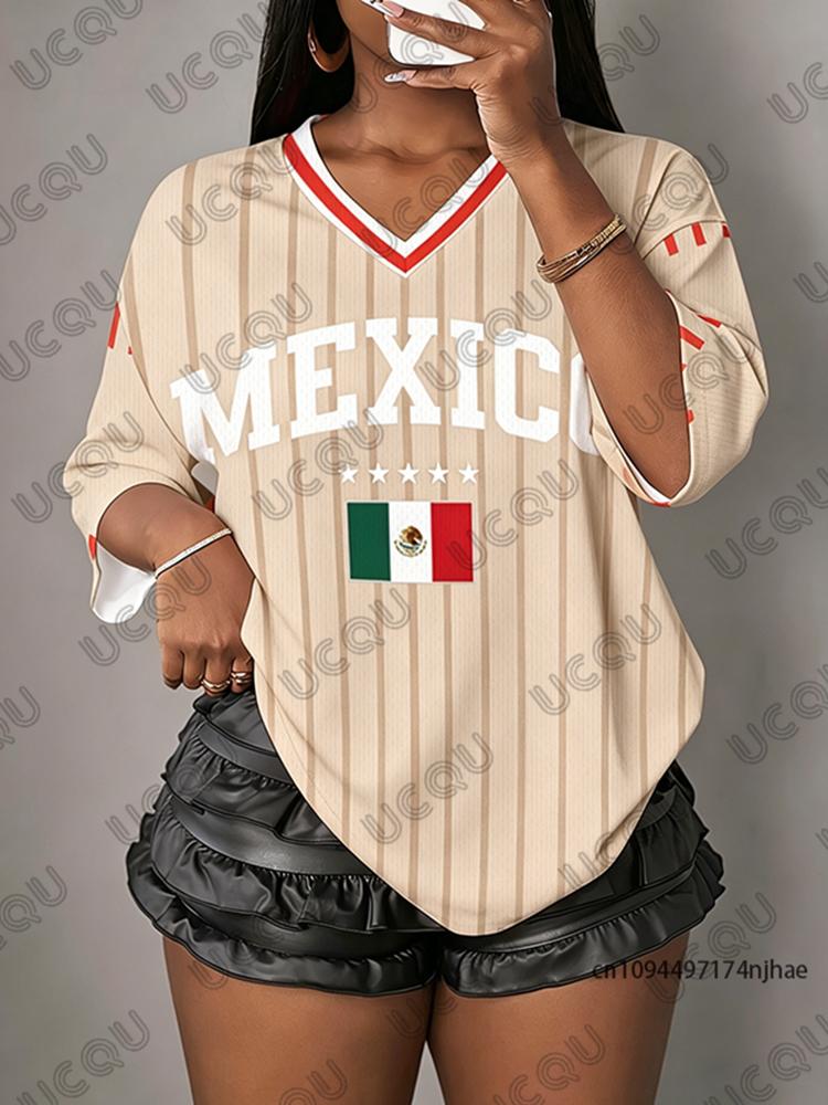 Summer New Stripe Mexico Flag Print T-Shirt For Women V-Neck Short Sleeve Sports Tees Football Jersey Y2K Loose Oversized Tops