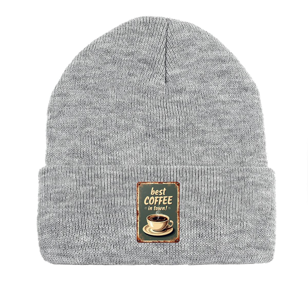 

COFFEE Series Print Knitted Cap Beanie, Slouchy Leisure Knit Hat Beanie as the picture серый