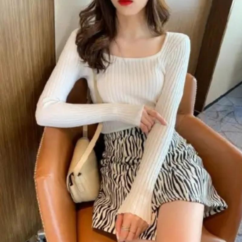 Square-neck Sweater Women's Pullover Autumn and Winter New Korean-style Slim-fit Top Knitted Tight Base Layer