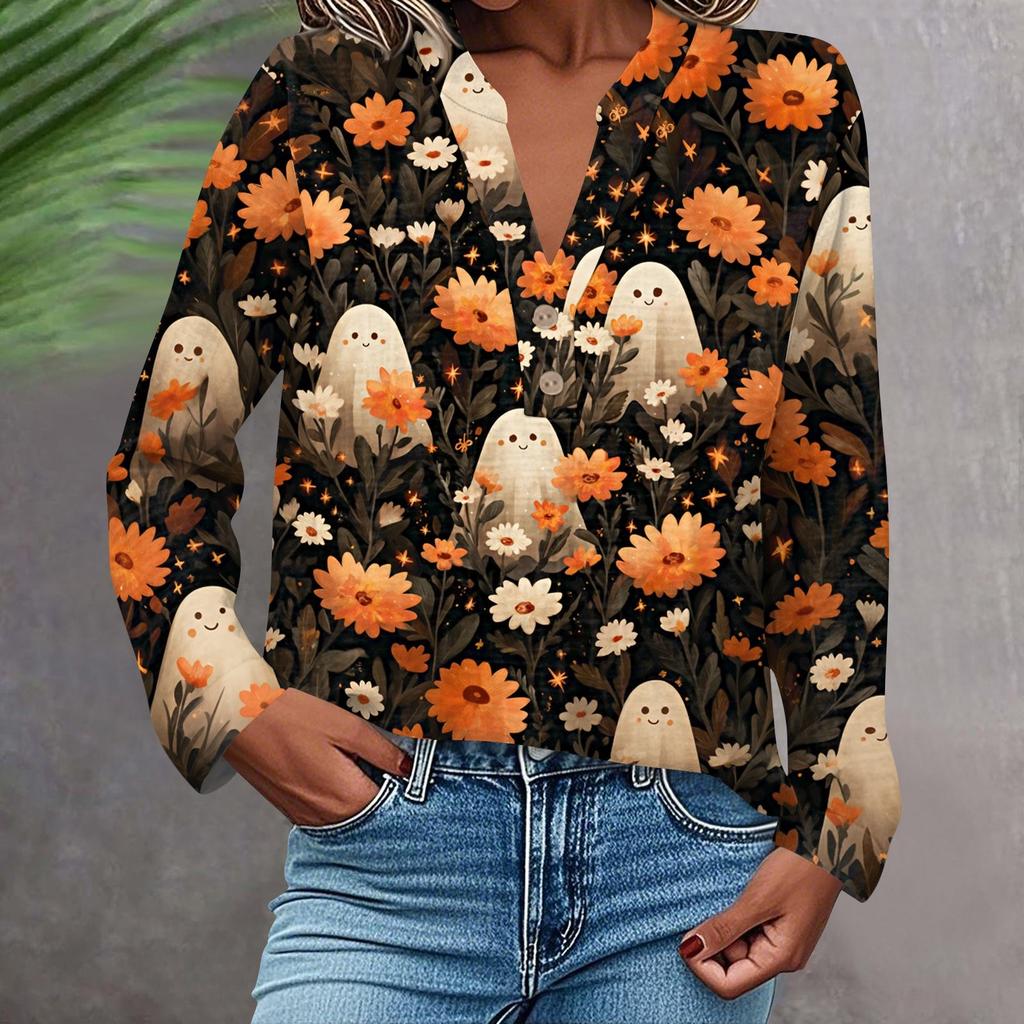 Damen Modisches Und Lässiges Hemd Langarm V-Ausschnitt Knopf Bedruckte Bluse Top