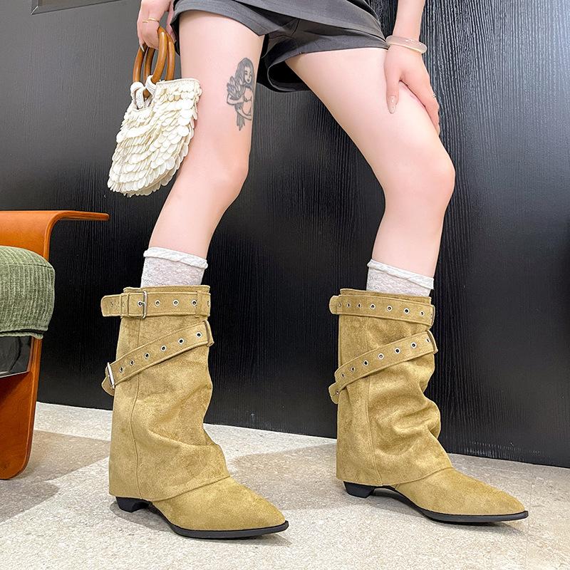 Fashion Versatile Retro Design Pointed Short Boots Willow Spikes Medium Boots Autumn and Winter Belt Buckle Thick Heel Stacked Boots