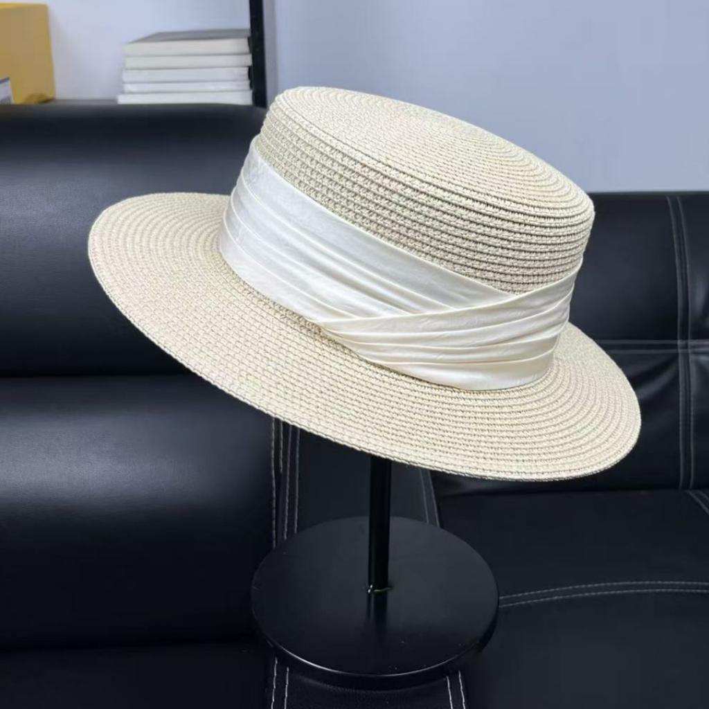 French Elegant Straw Flat Top Hat Women's Summer Sunscreen Sun Hat Seaside Holiday Straw Hat Tide