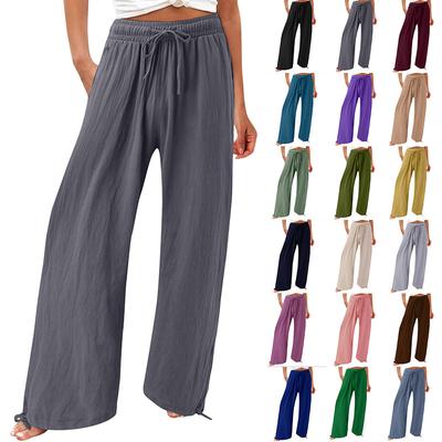 (S~5XL) Calças femininas sólidas franzidas, pernas largas, retas, com elástico, cintura alta, compridas, casuais, soltas, respiráveis, leves, macias e confortáveis, plus