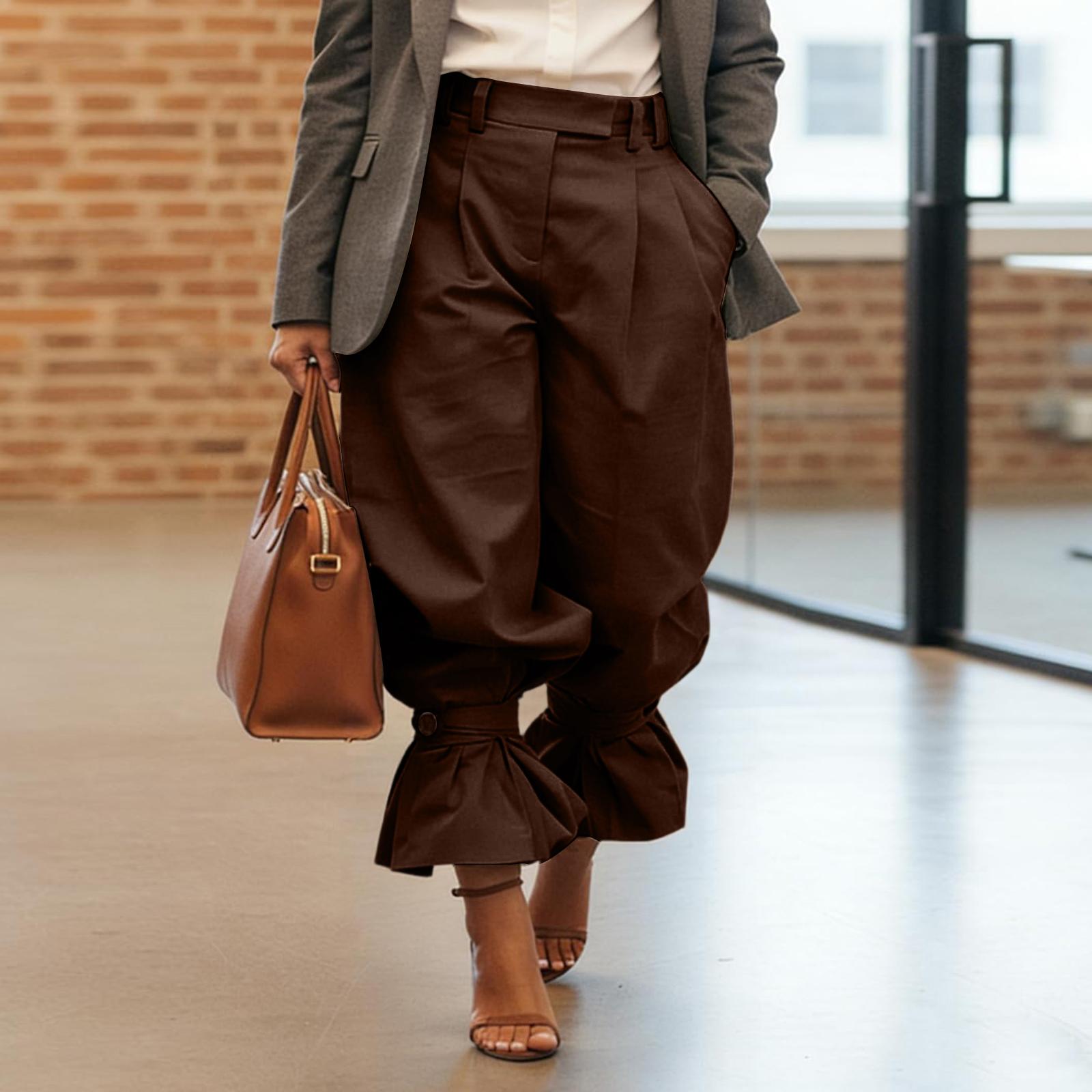 

High Waist Wide Leg Pants for Women with Ruffle Hem Belted Loose Fit Trousers with Pleated Front Design S коричневий