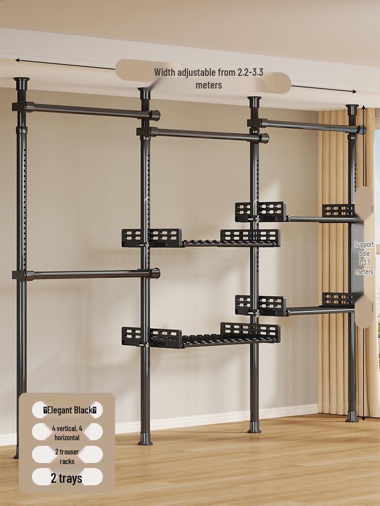 Floor-Standing Clothes Rack: Bedroom Hanger, Retractable Drying Rod, Coat & Hat Rack.