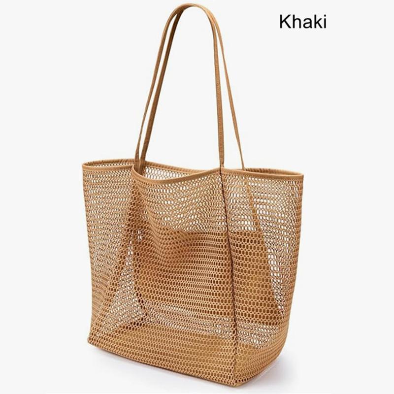 Foldable Mesh Beach Tote Bag Large Capacity Travel Shoulder Handbag With Zipper Pocket For Towels Clothes Cosmetics And Daily Storage