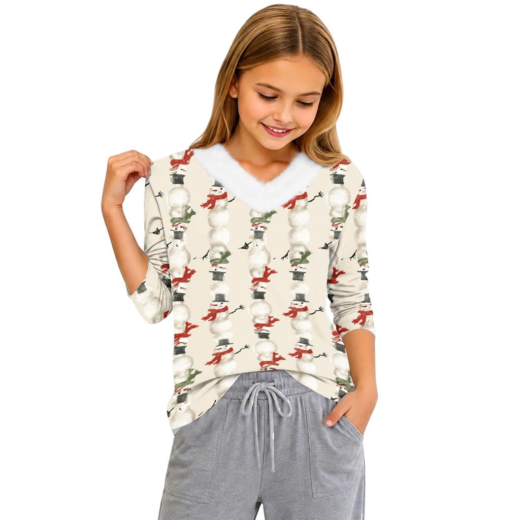 Girls' V-Neck Christmas Print Pullover Top for Winter Casual Wear