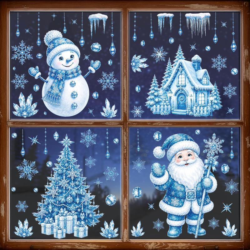 Blue Christmas Window Static Clings With Santa Snowman Reindeer Patterns For Home Xmas Party Decorations