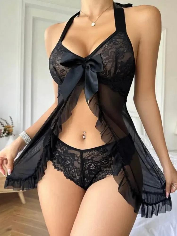 Crotchless Sexy Nightdress Woman Lingerie for Sex Backless Hollow Open Bra Cotch Dress Erotic Costumes Babydoll Underwear
