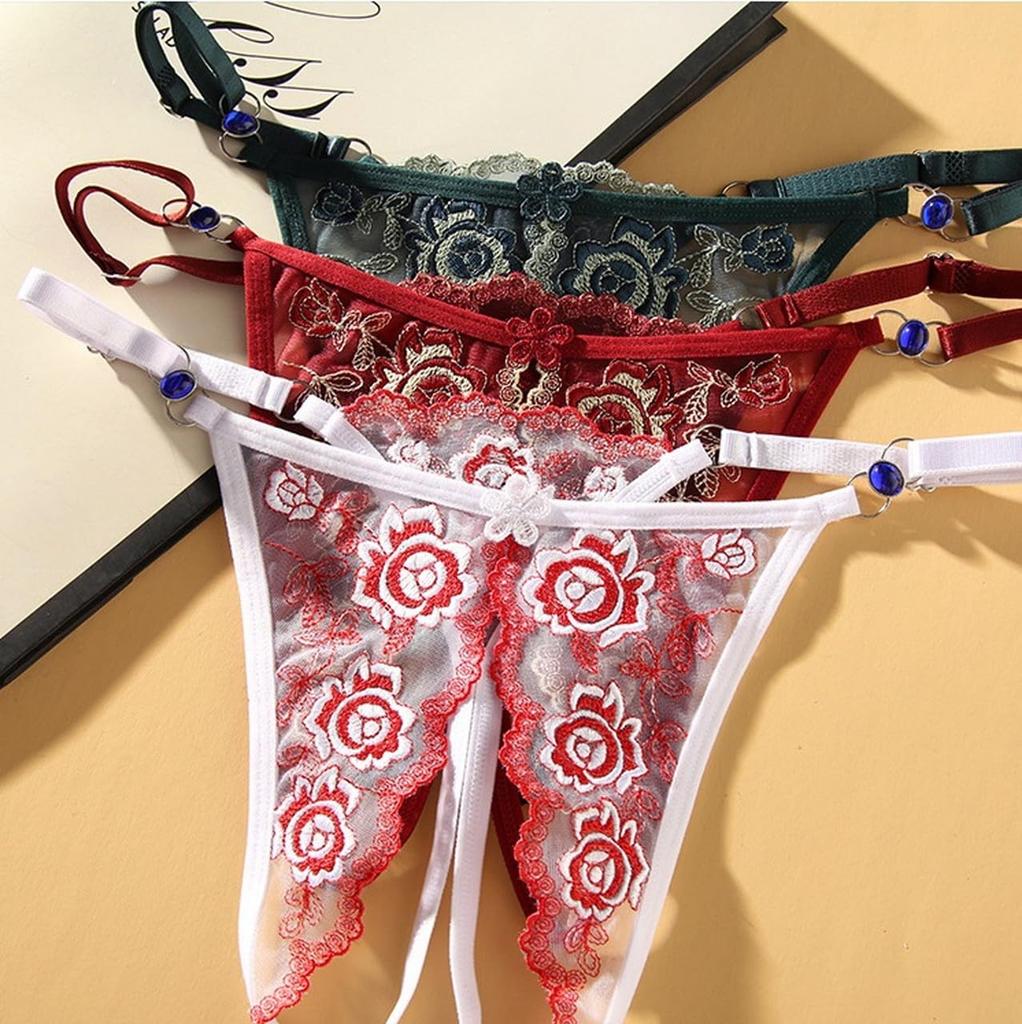 Perforated Thong Pants Embroidered Floral Open Crotch Sexy Extreme Shorts Underwear T-back Women's (Red Purple)