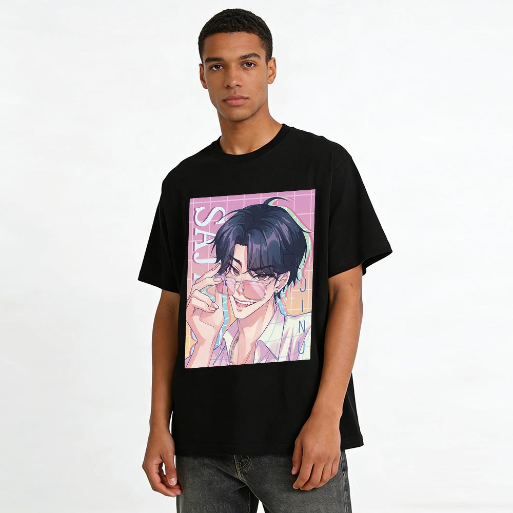 Vintage Cool Anime Handsome Guy Print T-shirt Unisex Casual Loose Breathable Daily Top Pure cotton T-shirt