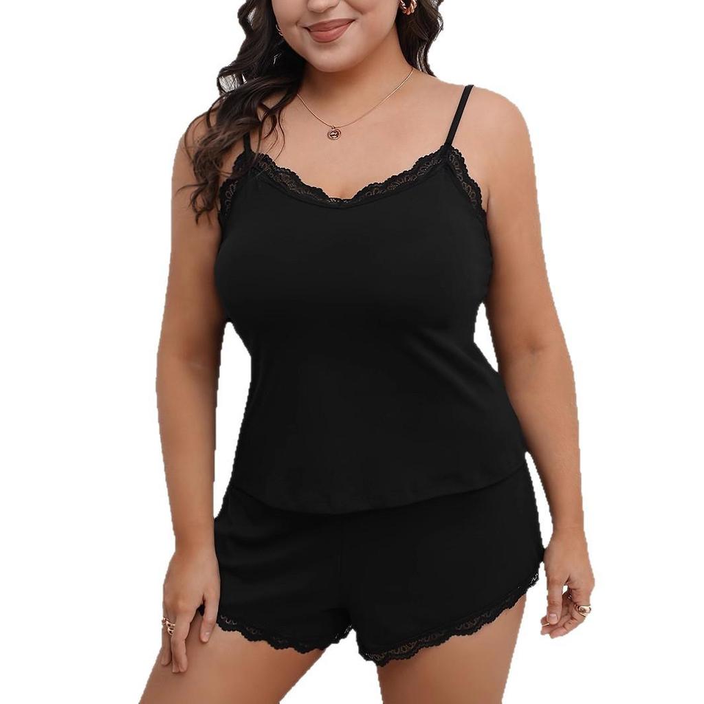 European Plus Size Women's Sexy Lace Pajama Set - Vest and Shorts