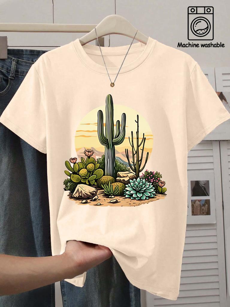 Ladies Round Neck Desert Sunset Cactus Succulent Landscape Printed Tshirt Fun Western Design for Daily Commuting