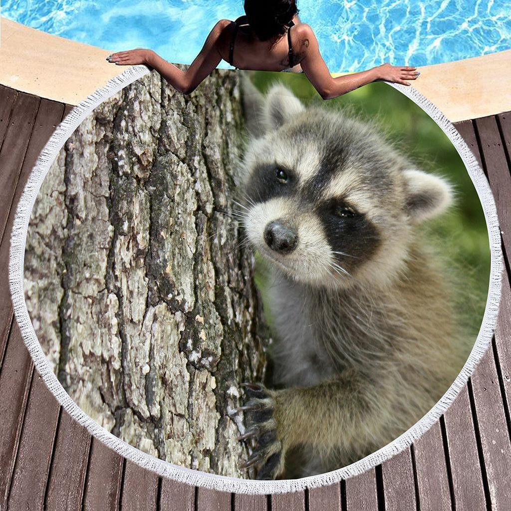Wild Animal Raccoon Round Beach Towel Soft Microfiber Beach Blanket Sand Free Quick Dry Circle Bath Towel Absorbent Yoga Mat