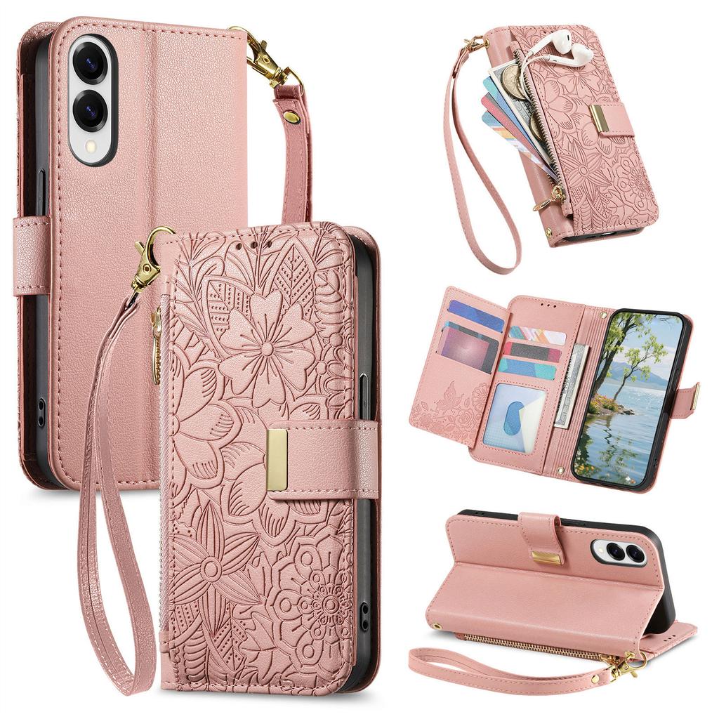 For Samsung Galaxy S25 Kantdeksel Blomstermønster Flere Kortplasser Glidelås Skinn Telefondeksel med Håndleddsstropp