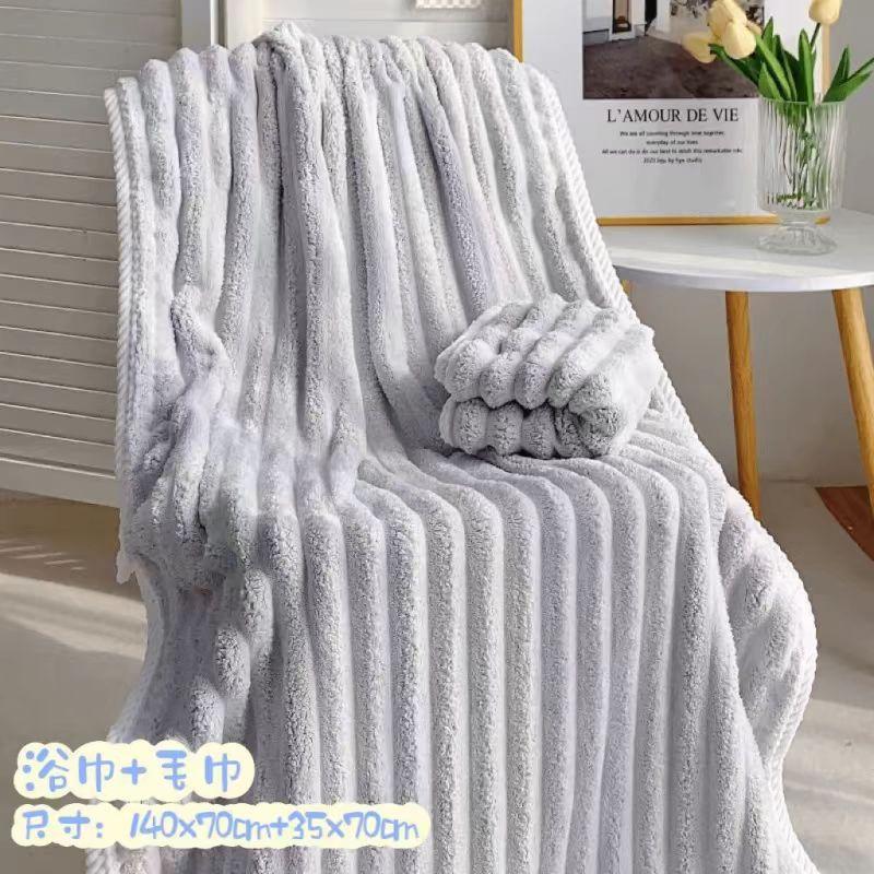 Coral Fleece Thickened Bath Towel Wearable Wrappable Unisex Soft Absorbent Striped 60X30 towel серебряный серый