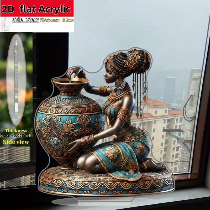 2D Flat African-Inspired Acrylic Desktop Decoration, Blue & Golden Floral Design, Suitable for wall Decoration, porch, Room, Villa, accents Home, Hall