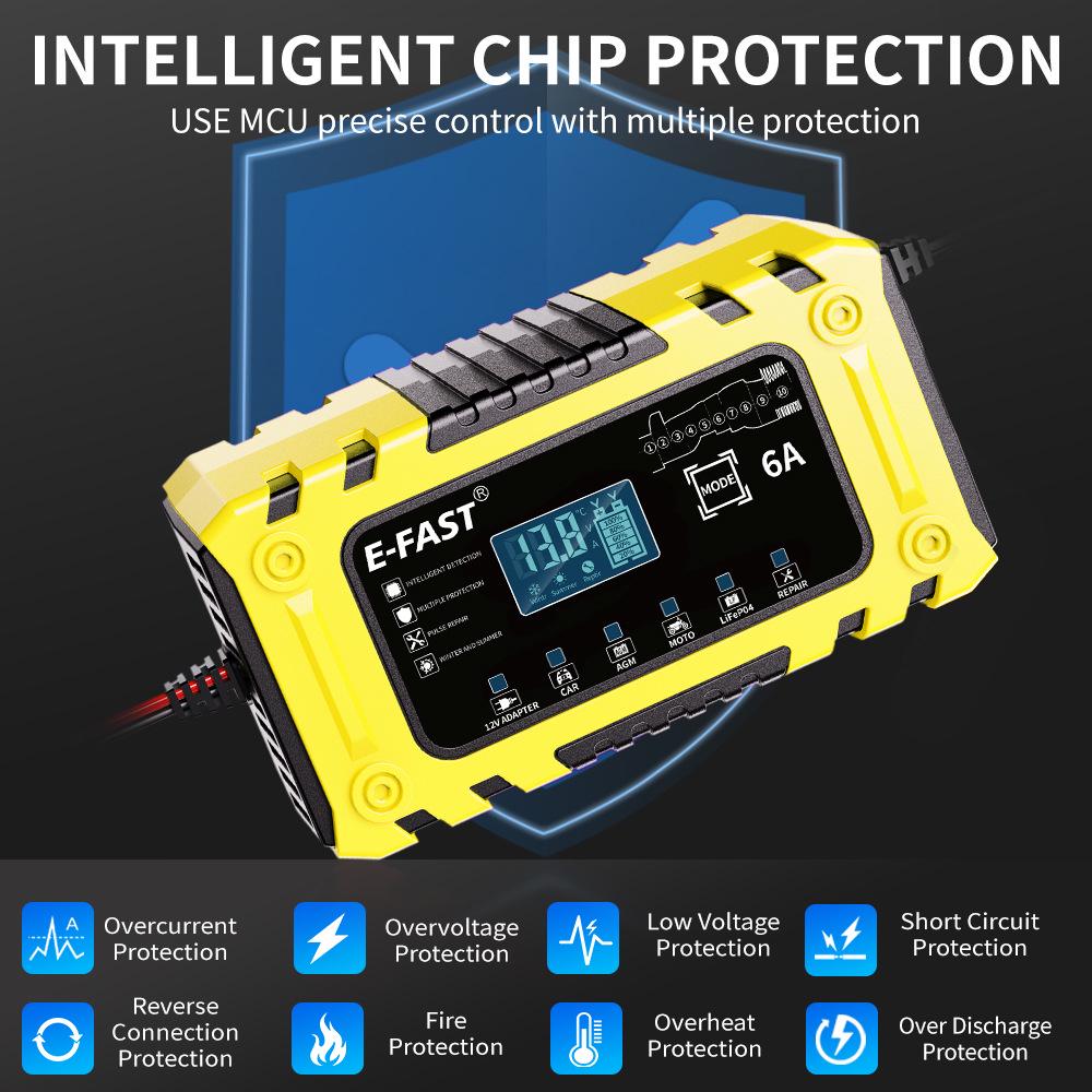 12V 6A Smart Battery Charger, Ten-Stage, Auto-Stop for Lead-Acid & LiFePO4 Batteries
