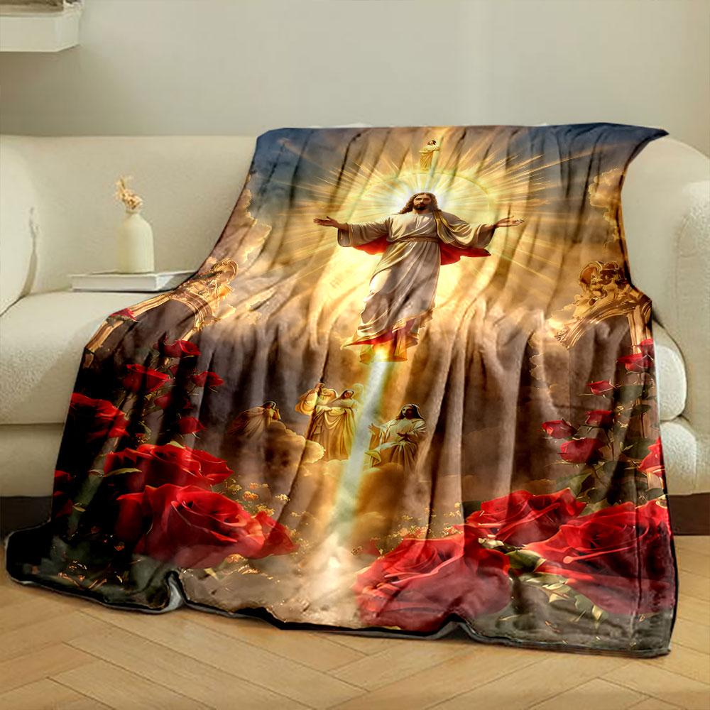 Jesus Roses Halo Blanket  Printed Blanket for Living Room Bed Couch lunch break Soft Cozy Blanket for Friend's festival Gift