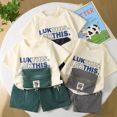 Jungen 2-teiliges Baumwollset - T-Shirt mit Buchstabenmuster, Reißverschluss, große Tasche Top + Freizeithose - Hochwertige Babykleidung -S-XXL