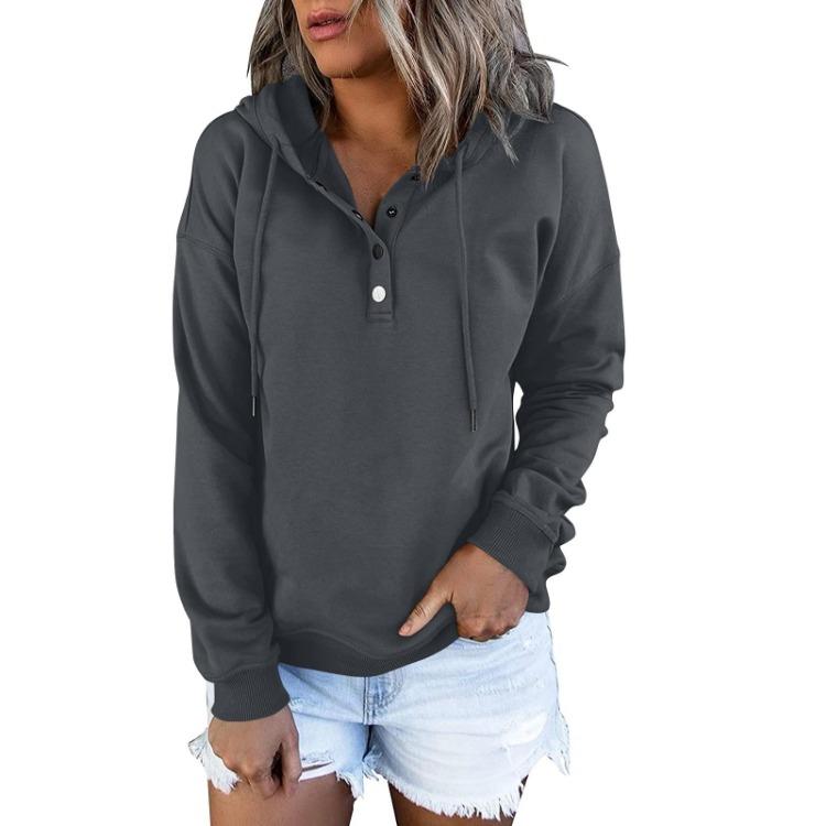 Women Fashion Long Sleeve Casual Solid Color Hooded Sweatshirt Top with Button Front