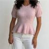 European French Style Pearl Embellished Knit Top - Short-Sleeved, Soft, Waist-Cinching, Ruffled, Plush Women's Top