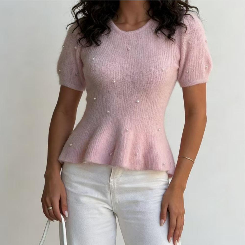 European French Style Pearl Embellished Knit Top - Short-Sleeved, Soft, Waist-Cinching, Ruffled, Plush Women's Top