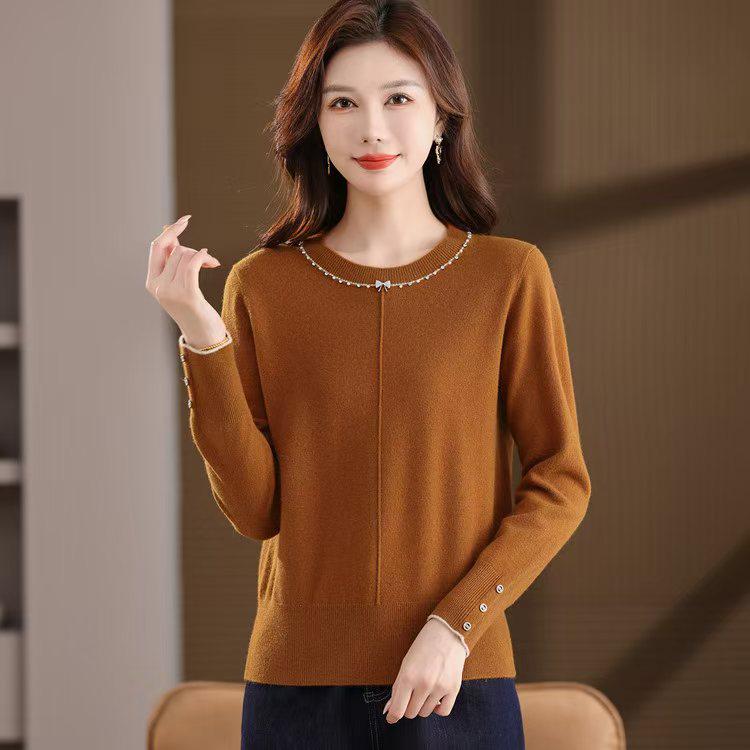 

Свитер из 100% шерсти с бисером на осень/зиму 2025 – Длинный рукав, Круглый вырез, Теплый и удобный L оранжевый