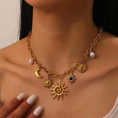 Stainless Steel Creative Spiral Sun Element Moon Star Pendant Necklace Women Hyperbole Clavicle Chain Party Gifts