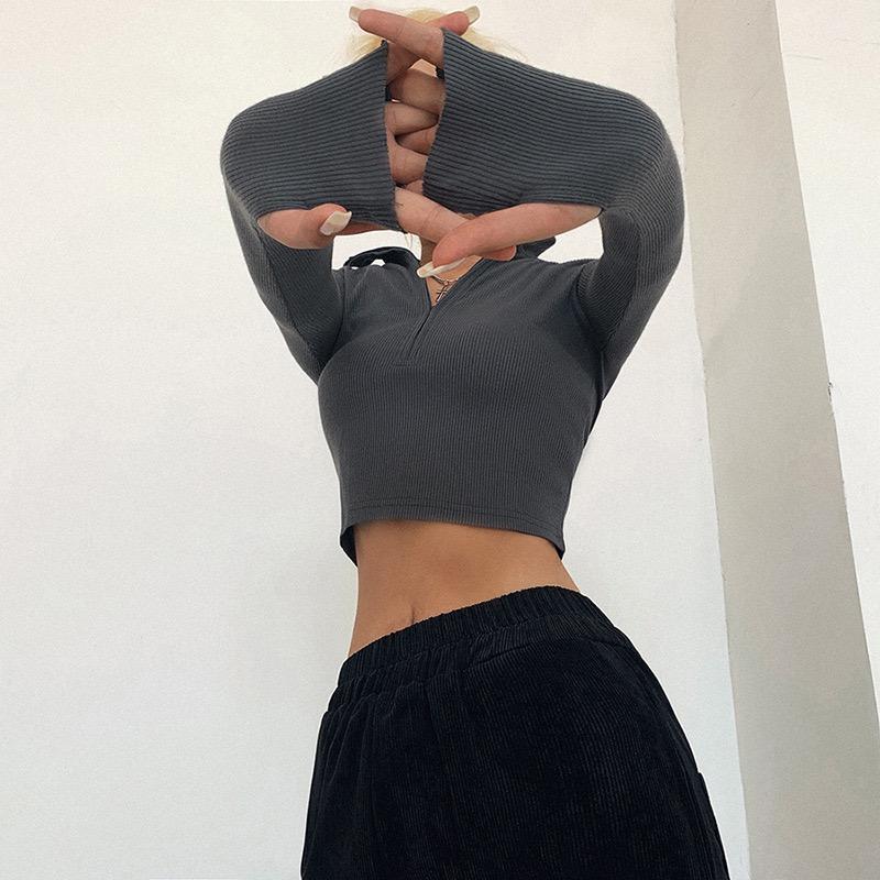 2KWEIRD Casual Y2k Clothes Crop Top Long Sleeve Women Korean Fashion Ribbed Knitted Zipper T-shirts Vintage Streetwear Tops Tees