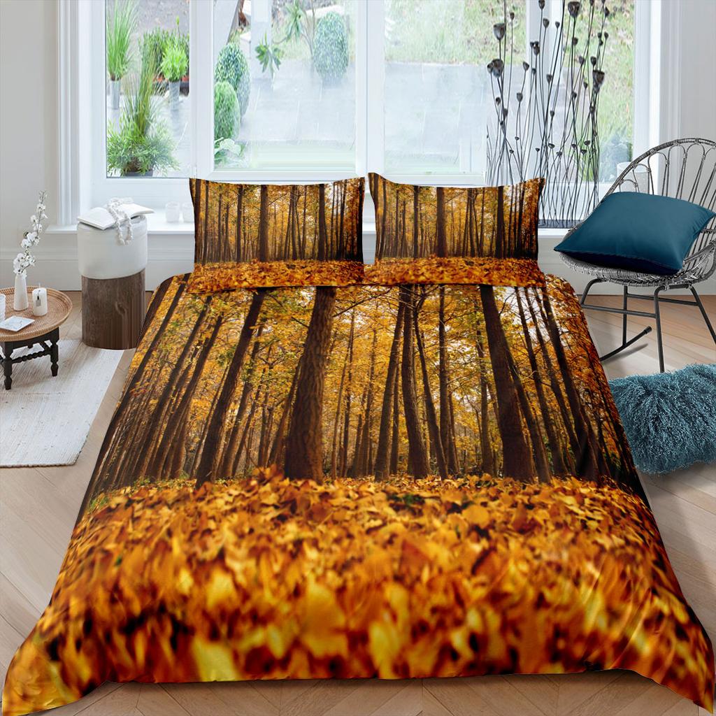 Comforter Autumn Fallen Leaves Red Maple Leaf Nature Bedding Set Sunshine Tree Woods Natural King