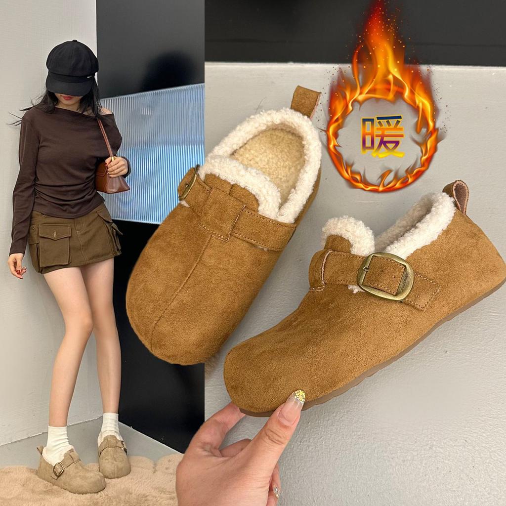 Versatile Boken Shoes Women's Velvet and Thicker 2025 Winter Casual Fashion New Warm One-pedal Cotton Shoes