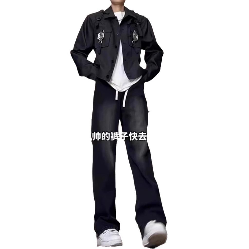 Fleece Straight-leg Loose Jeans Men's Autumn Trendy Brand Versatile Casual Wide-leg Hong Kong Style Mopping Long Pants