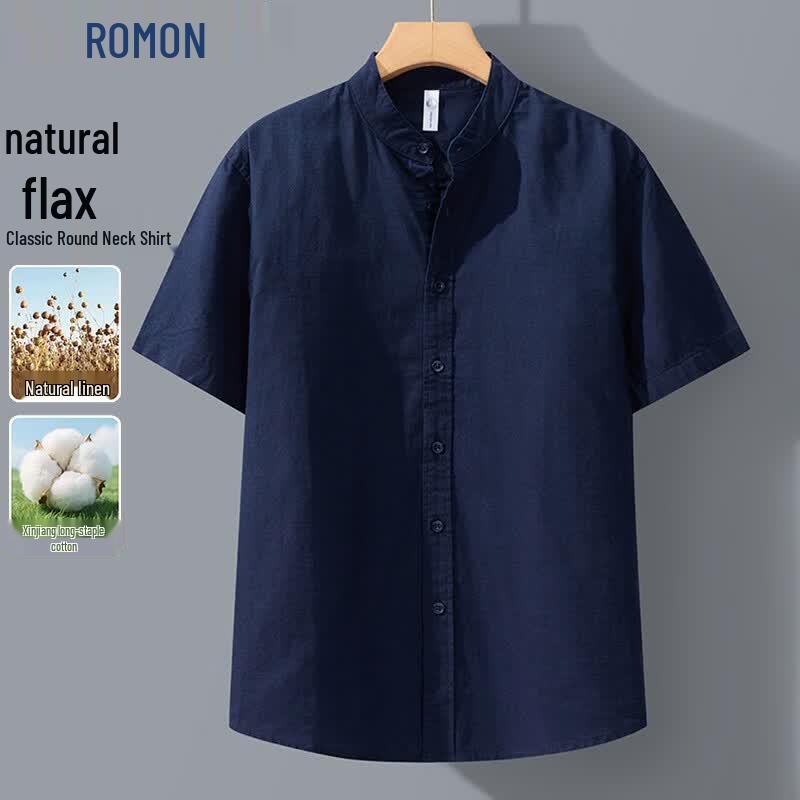 ROMON Men s Linen Blend Stand Collar Short Sleeve Shirt 3XL тёмно-синий