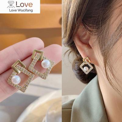 Gold Cutout Square Drop Earrings  Fashion Trend Geometric Rhinestone Pearl Statement Earrings Women 'S Wedding Jewelry