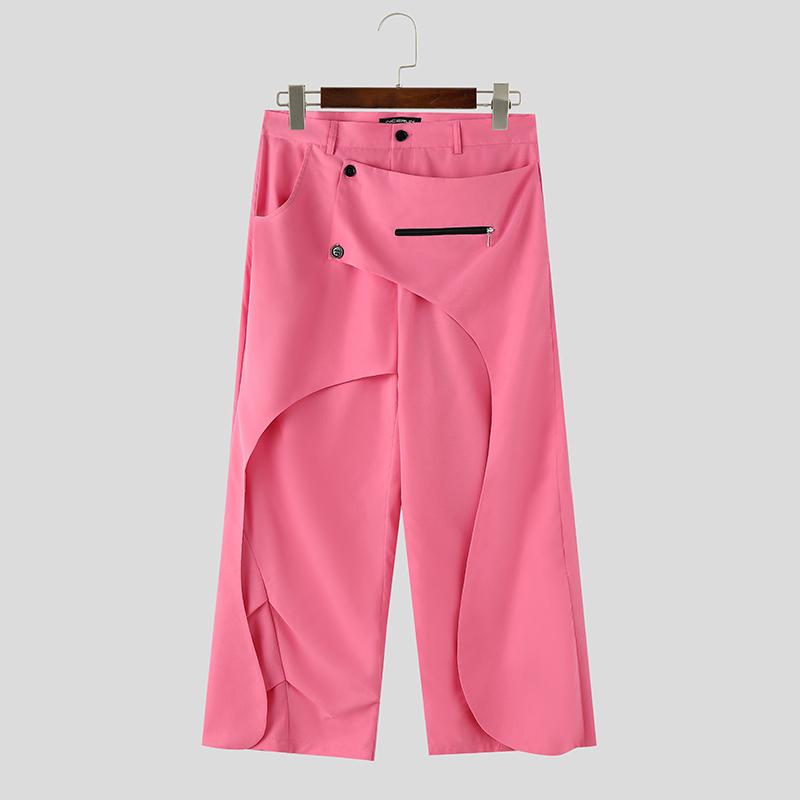 

INCERUN Men Zip-up Waist Pockets Irregular Splicing Casual Long Pants Trousers 4XL рожевий