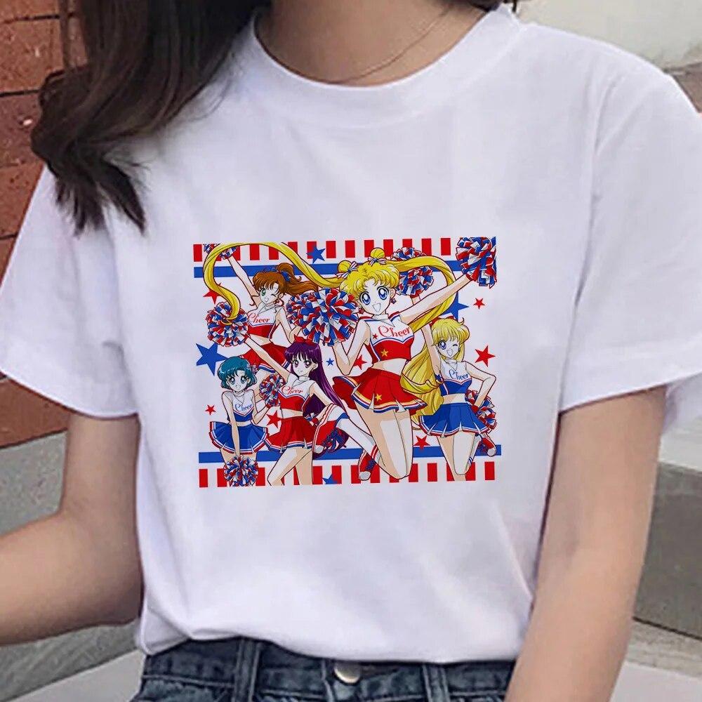 Cartoon Anime Sailor Graphic Moon Print 100 % Baumwolle T-Shirt Mode Goth Girl Kleidung Kurzarm Übergroßes Unisex Frauen T-Shirt Unisex