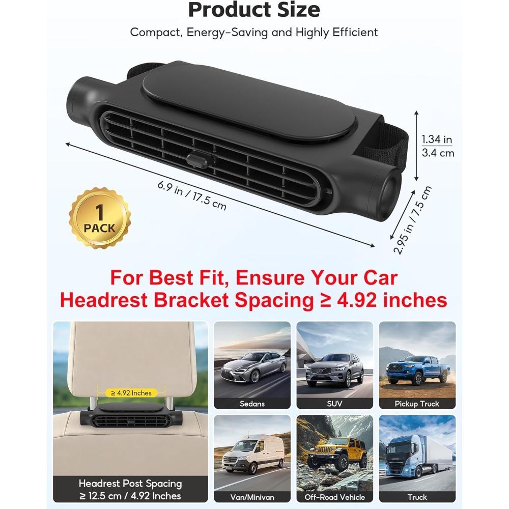 New Upgraded Car Seat Back Fan, Dual Airflow Bladeless Cooling Fan For Baby Rear Facing, 3-speed Quiet USB Backseat Headrest Fan
