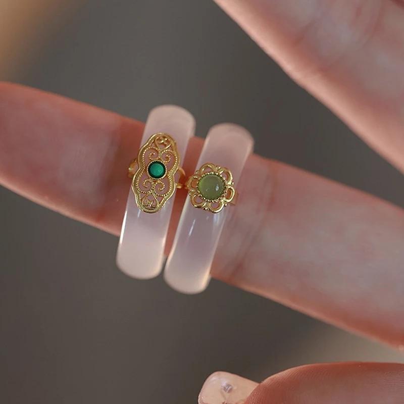 Natural High-ice White Chalcedony Ring Retro Imitation Jade Ring Fashion Delicate Stone Jewellery Hanfu Matching Hand Ornaments
