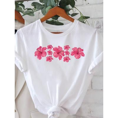 Hibiscus Print Women T-shirt Beach Vacation Summer Travel Top Fresh Romantic Style Short Sleeved Daily Street Atmosphere T-shirt