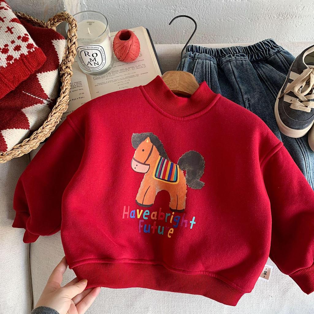 Children's New Year Hoodie: Red Fleece-Lined Cartoon Toddler Top