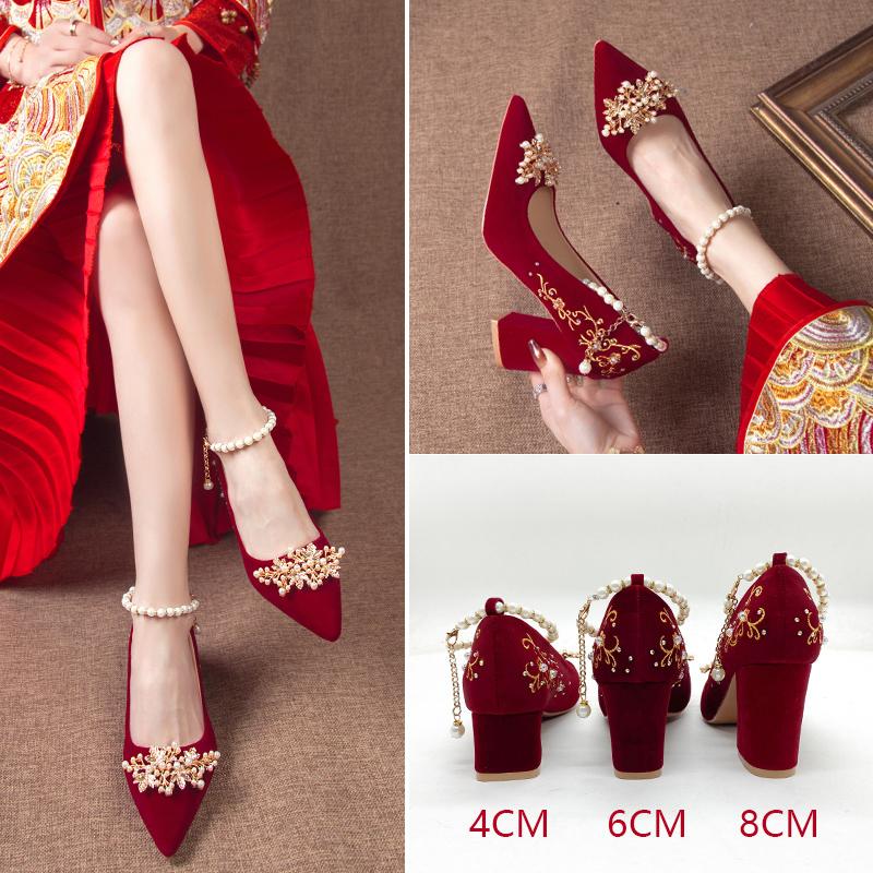 Fashion 2025 New Gold Embroidered Flowers Thick High Heels Women's Big String Bead Decor Wedding Pumps Woman Suede Point Toe Party Shoes