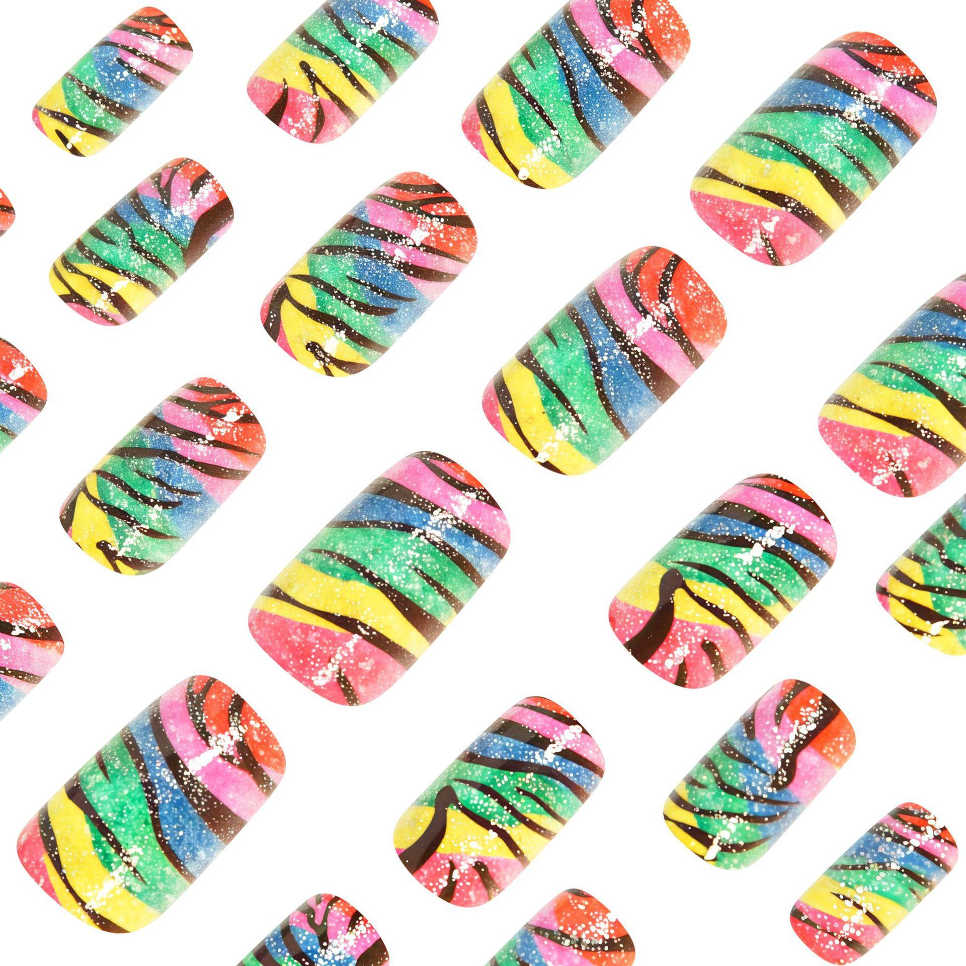 

Chinese nail rainbow stripes contrasting colors fake nails flash zebra pattern wearing nail art stickers nails
