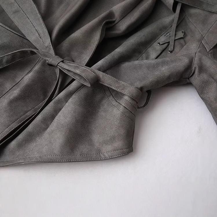 Spring 2025 Women's Retro Shawl Collar Leather Jacket with Belt - European & American Style