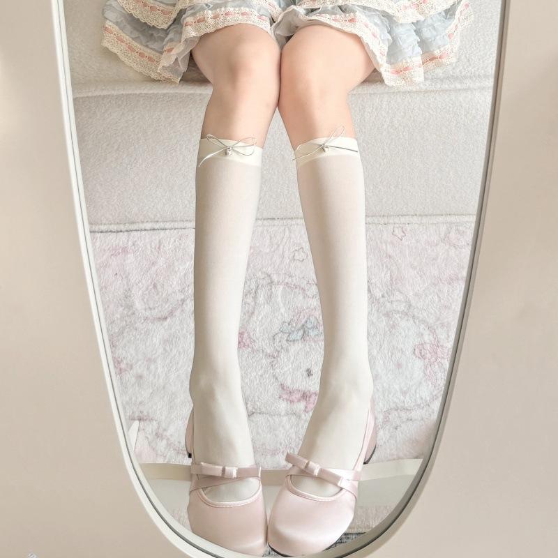 Foreign Style Princess Style Spring Silver Bow Small Fragrant Style Ballet Calf Socks Gray Medium Tube Socks Jk Girl one size бежевый