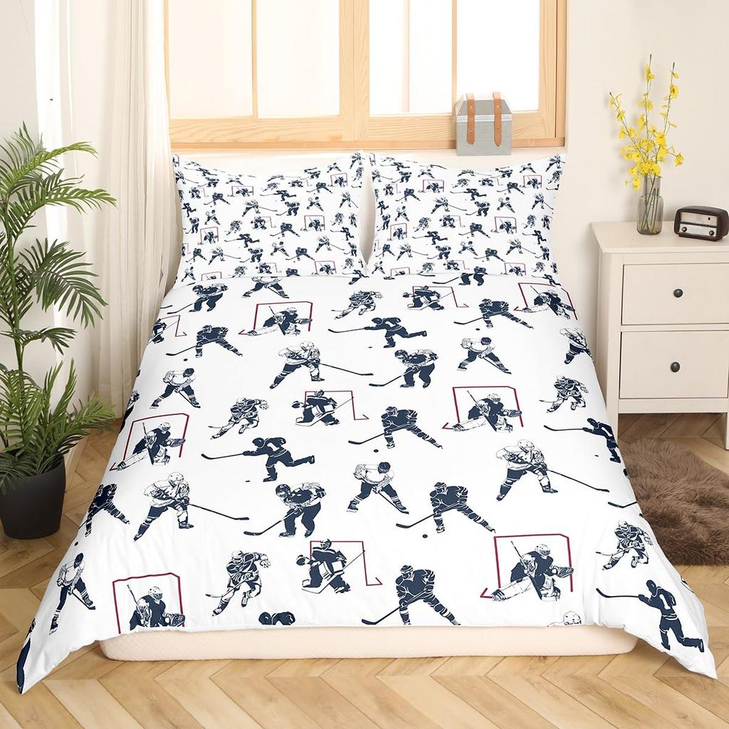 Ice Hockey Duvet Cover For Kids Boys Girls Teens Lightweight Quilt Covers Winter Sports Bedroom Decor Hockey Player Bedding Sets